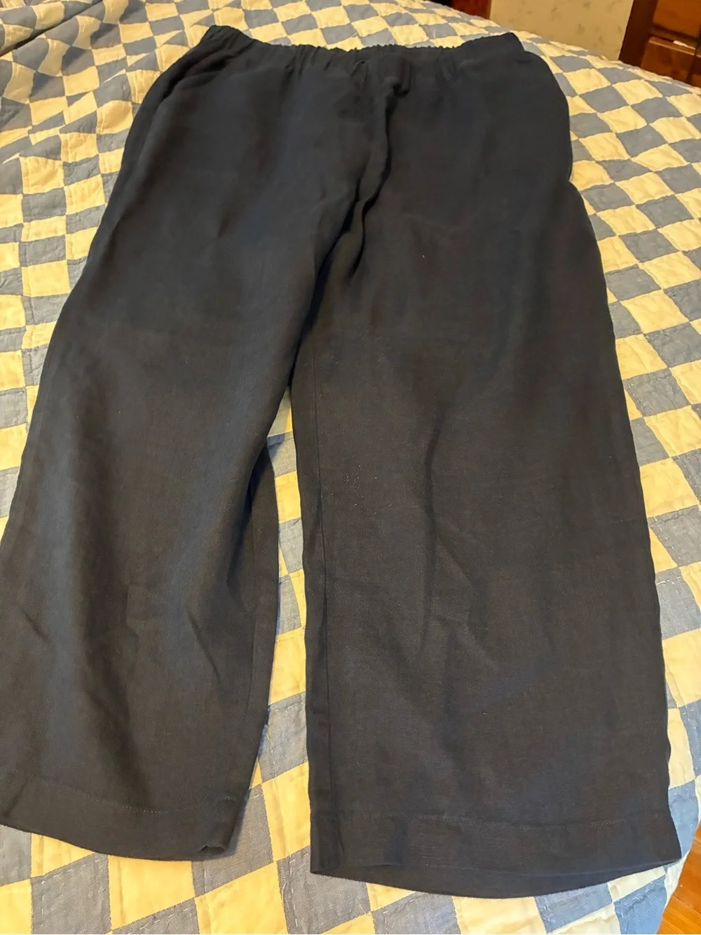 Navy Linen Wide-Leg Elastic Waist Pants